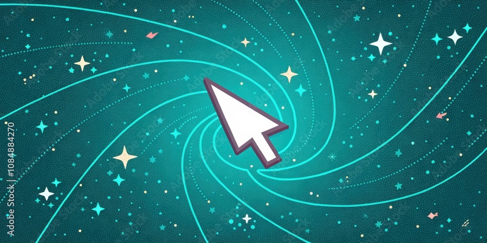Poster a sparkling neon teal background swirls with tiny pixel stars while a bright white pixel cursor arro