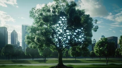 A tree with digital screens for leaves, set in a park with a city skyline in the background, symbolizing the integration of nature and technology