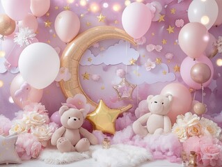 A dreamy pink and gold themed baby shower setup with teddy bears, balloons, and star decorations.