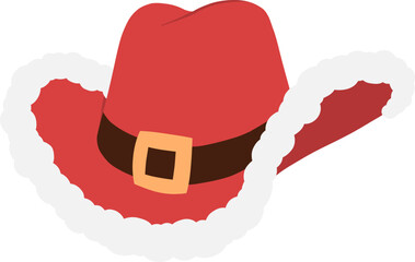 Red Christmas cowboy hat with Santa cap white fur trim and black belt hand drawn flat design illustration