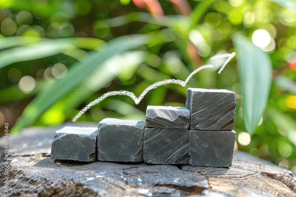 Poster a stack of black blocks with a chalk drawing of a rocket on top