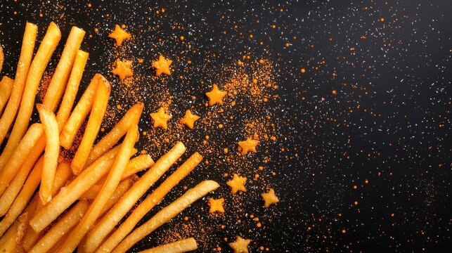 Shooting stars made of fries culinary creativity gourmet presentation dark background food art concept