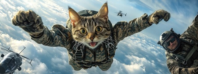 Aerial adventure: comical cat with a parachute, capturing the whimsical charm of a feline , blending humor with the thrill of airborne escapades in a playful and entertaining scene.