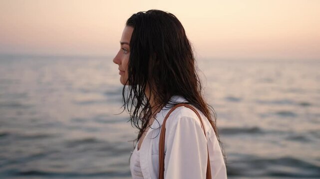A woman smiles gently while standing on the beach at sunset, with the ocean in the background. Perfect for themes of joy, tranquility, and serene beach moments. 