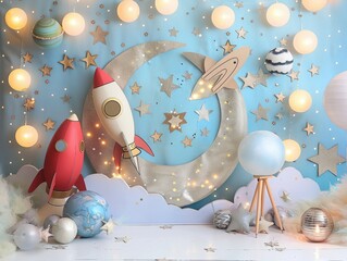 A whimsical spacethemed backdrop with rockets, planets, stars, and lights, perfect for a childs...