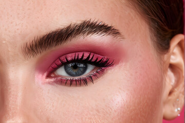 Fototapeta premium A woman with a pink eye shadow and blue eyes