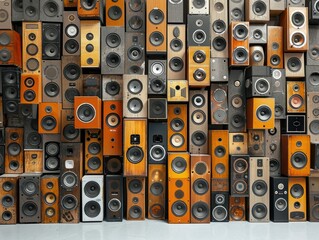 A wall of vintage speakers of various shapes, sizes, and colors creating a unique audiophile aesthetic.