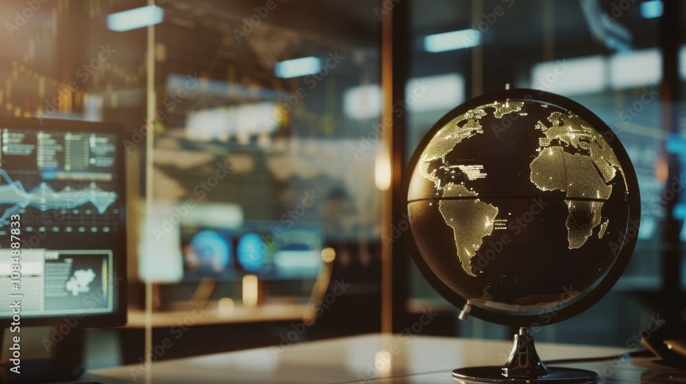 Poster a vintage globe with digital overlays showing real-time global news, set in a minimalist office, sym