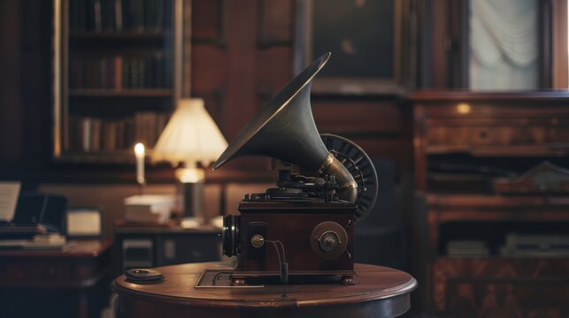 A vintage phonograph with a digital playlist displayed on a floating screen, set in a minimalist music room