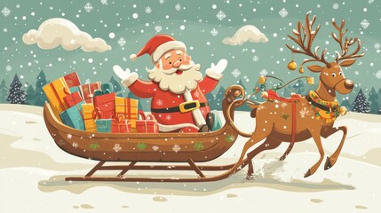 Fototapeta premium Cheerful Santa Riding with Reindeer in Winter Scene