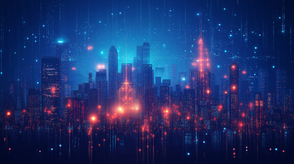 The night scene of the future city with data flow