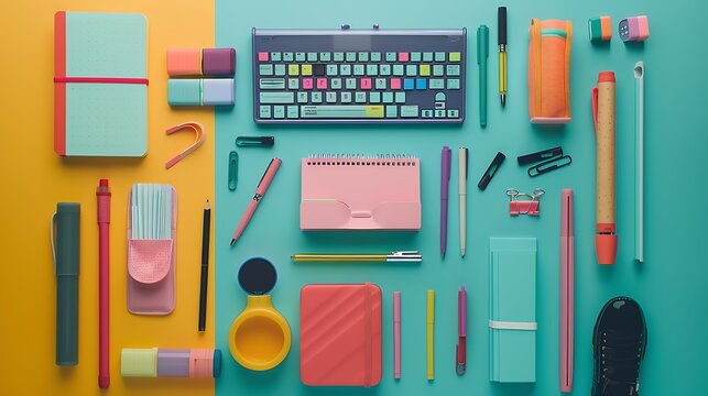 Back to school concept with school supplies on yellow background Back to school - Powered by Adobe