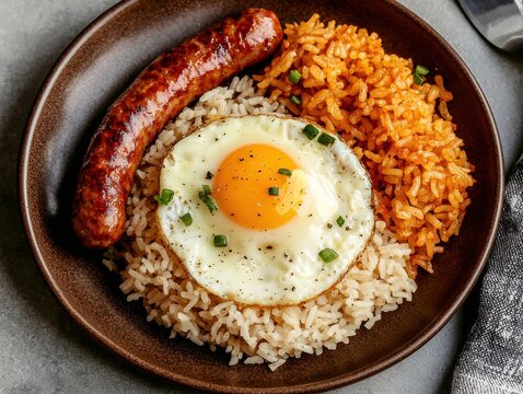 Savoring filipino silog breakfast a flavorful delight of garlic rice eggs and longganisa in a cozy kitchen environment