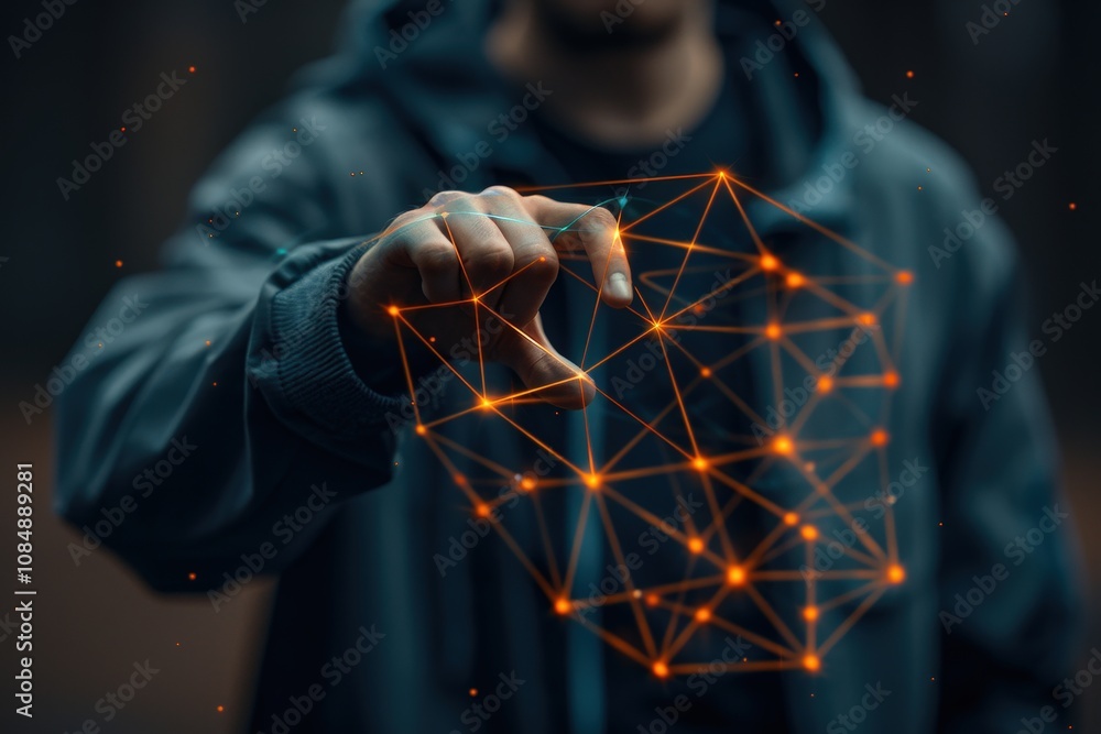 Poster a man is holding a hand up to a screen with a network of lines