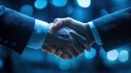 Two business professionals shake hands in a dimly lit environment, symbolizing agreement, partnership, or deal-making.