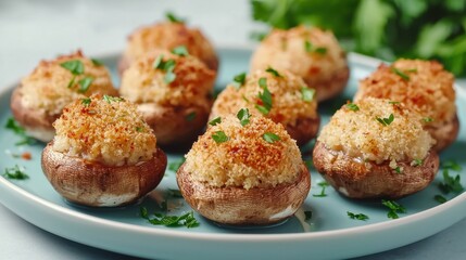 Fototapeta premium Savory stuffed mushrooms with garlic and herbs diverse asian cuisine food photography kitchen environment close-up view culinary delight for food lovers