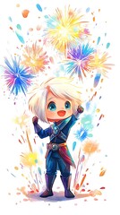 Obraz premium Charming Chibi Character Celebrating with Fireworks