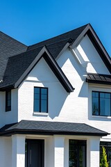 Modern White Brick House With Black Roof And Windows