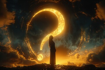 Fototapeta premium A woman stands in front of a large question mark