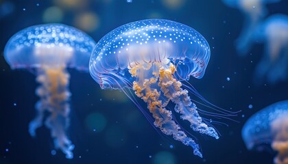 Ethereal underwater scene with glowing jellyfish drifting in deep blue sea