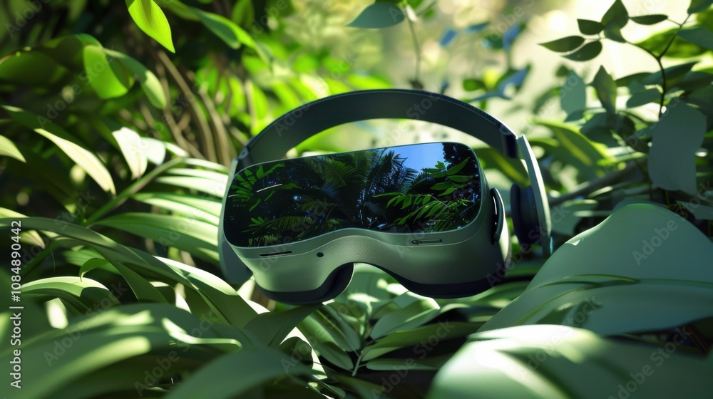 Poster a virtual reality headset transporting users to a digital world, virtual reality experience scene, m