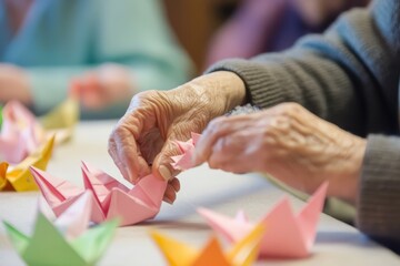 Therapeutic origami session for elders, featuring easy and calming designs with cultural inspirations for stress relief