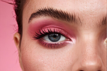 Obraz premium A woman with long lashes and blue eyes is wearing pink eye shadow