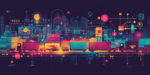 Obraz premium A colorful vector illustration of a logistic network, with interconnected lines and symbols representing the flow of goods.