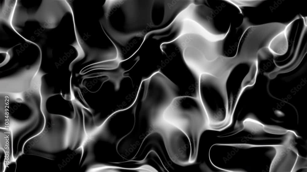 Poster Abstract Black and White Fluid Shapes with Glossy Textures Creating Dynamic Waves and Reflections in a Modern Artistic Composition for Background Use