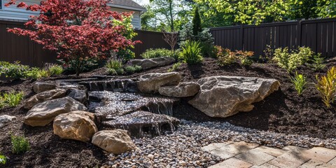 Obraz premium A completed landscape design project featuring beautiful outdoor gardens and features.