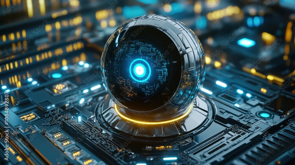 Poster 3d cybernetic eye scanning for vulnerabilities, futuristic concept of ai monitoring for cybersecurit