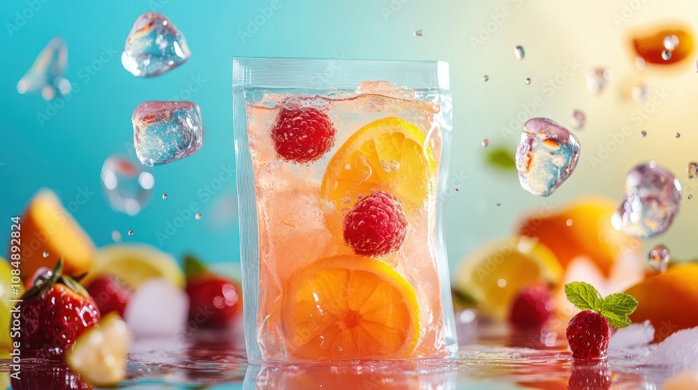 Poster Refreshing Citrus and Raspberry Drink in a Pouch with Ice Cubes