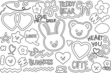 Cute outlines of bunny, teddy bear, ribbon, cake, flower, heart, star for cute patch, font, typography, animal, zoo, souvenir shop, cartoon, character, comic, kid colouring book, art, painting, easter