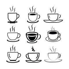 Cup of coffee icon vector isolated on white background. Coffee or tea cup icon set. Hot cup beverage vector icon set.