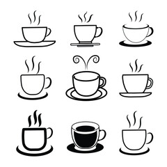 Cup of coffee icon vector isolated on white background. Coffee or tea cup icon set. Hot cup beverage vector icon set.