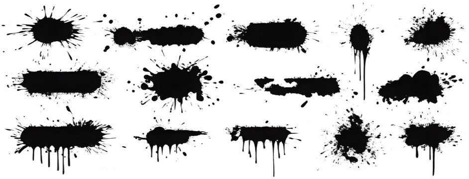 Ink splashes stencil very detailed collection. High quality manually traced. Black inked splatter dirt stain splattered spray splash with drops blots. Isolated Silhouettes dirty liquid vector grunge