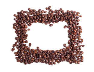 Roasted coffee beans, photographed close up to form a frame on a white background. For illustration, background and design.