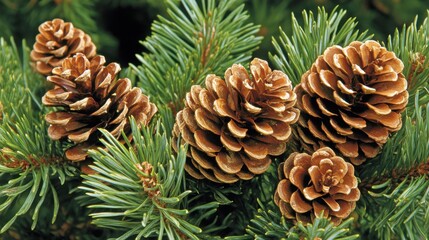 Close-up of pine cones on evergreen branches, with natural outdoor background; rustic and serene