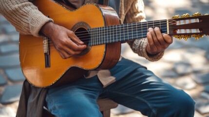 Obraz premium Close-up of a man playing an acoustic guitar outdoors.