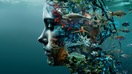 Human Face with One Half Representing Ocean and Marine Life, the Other Half Composed of Robotic Elements and Digital Screens, Fusion of Natural and Technological Worlds