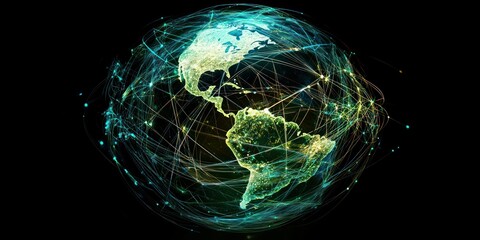 A digital illustration of a globe with interconnected lines and nodes, representing a global network of technology and business.