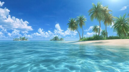 Obraz premium A serene tropical beach scene with clear water, palm trees, and a bright blue sky.