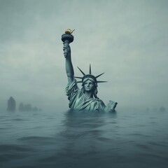 the statue of liberty is under water, only the arm with the flag is sticking out  - Generative AI