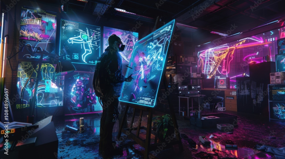 Aufkleber An artist creating digital artworks using virtual reality brushes and interactive canvases in a cyberpunk-inspired studio, Cyberpunk art creation scene, Neon style