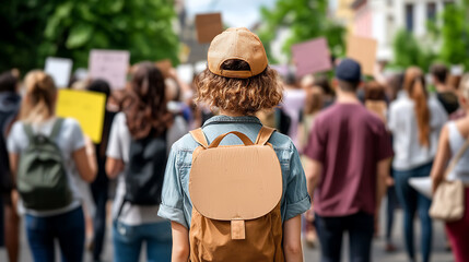 diverse crowd of protesters marches together, showcasing unity and determination. scene captures young person with backpack, symbolizing youth engagement in social movements