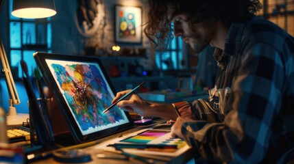 An artist creating digital artwork on a tablet in a minimalist studio space, Digital artistry theme, Contemporary style
