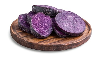 Naklejka premium Purple sweet potatoes on a wooden plate isolated on white background