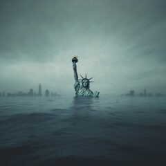the statue of liberty is under water, only the arm with the flag is sticking out  - Generative AI