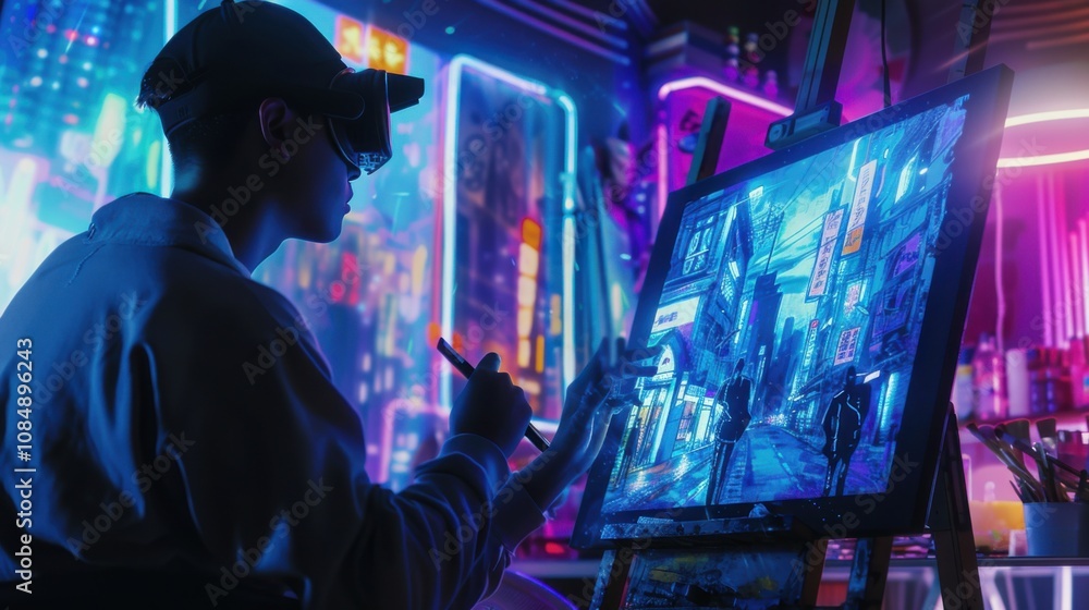 Aufkleber an artist creating digital artworks using virtual reality brushes and interactive canvases in a cybe