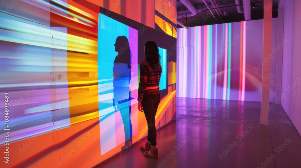 Poster An artist creating digital installations that respond to viewer interactions through motion sensors and augmented reality projections, Interactive art installation scene, Modernist style